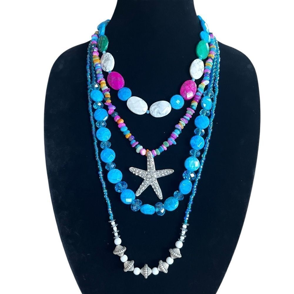 Chunky Multi Strand Gemstone Shell Bead Starfish Necklace